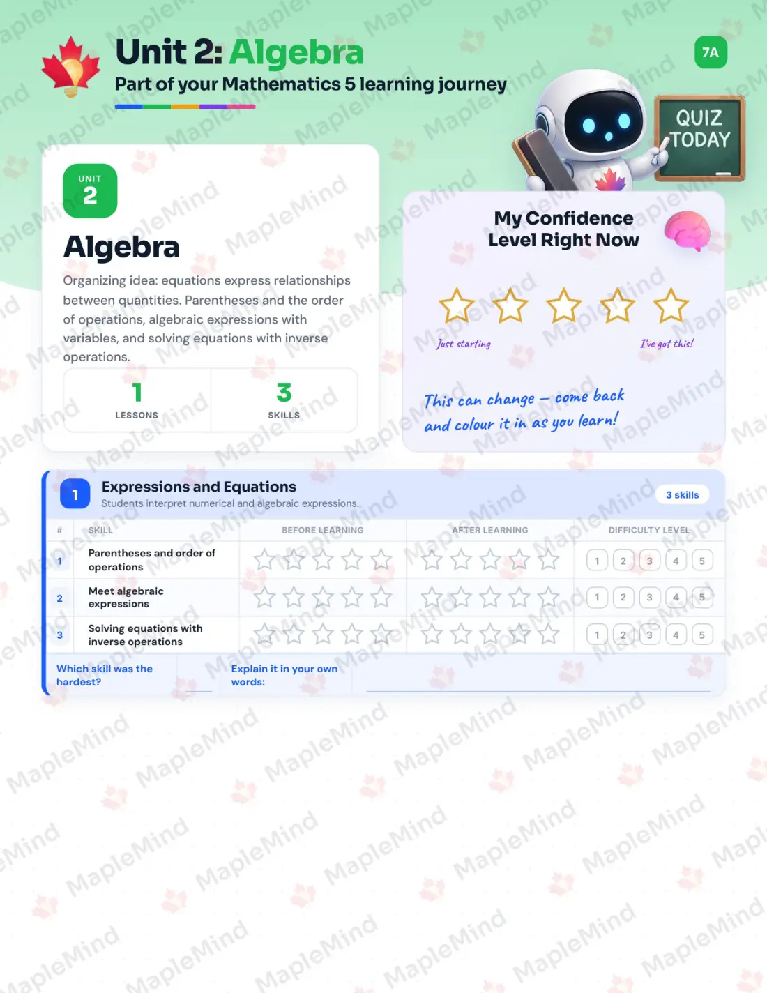 Page 12 of 39 from the Mathematics 5 Alberta Course Companion — skills tracker with before and after self-assessment