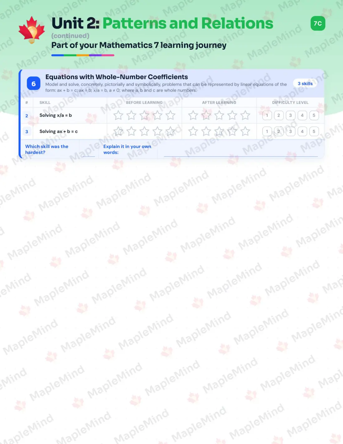 Page 14 of 34 from the Mathematics 7 Alberta Course Companion — skills tracker with before and after self-assessment