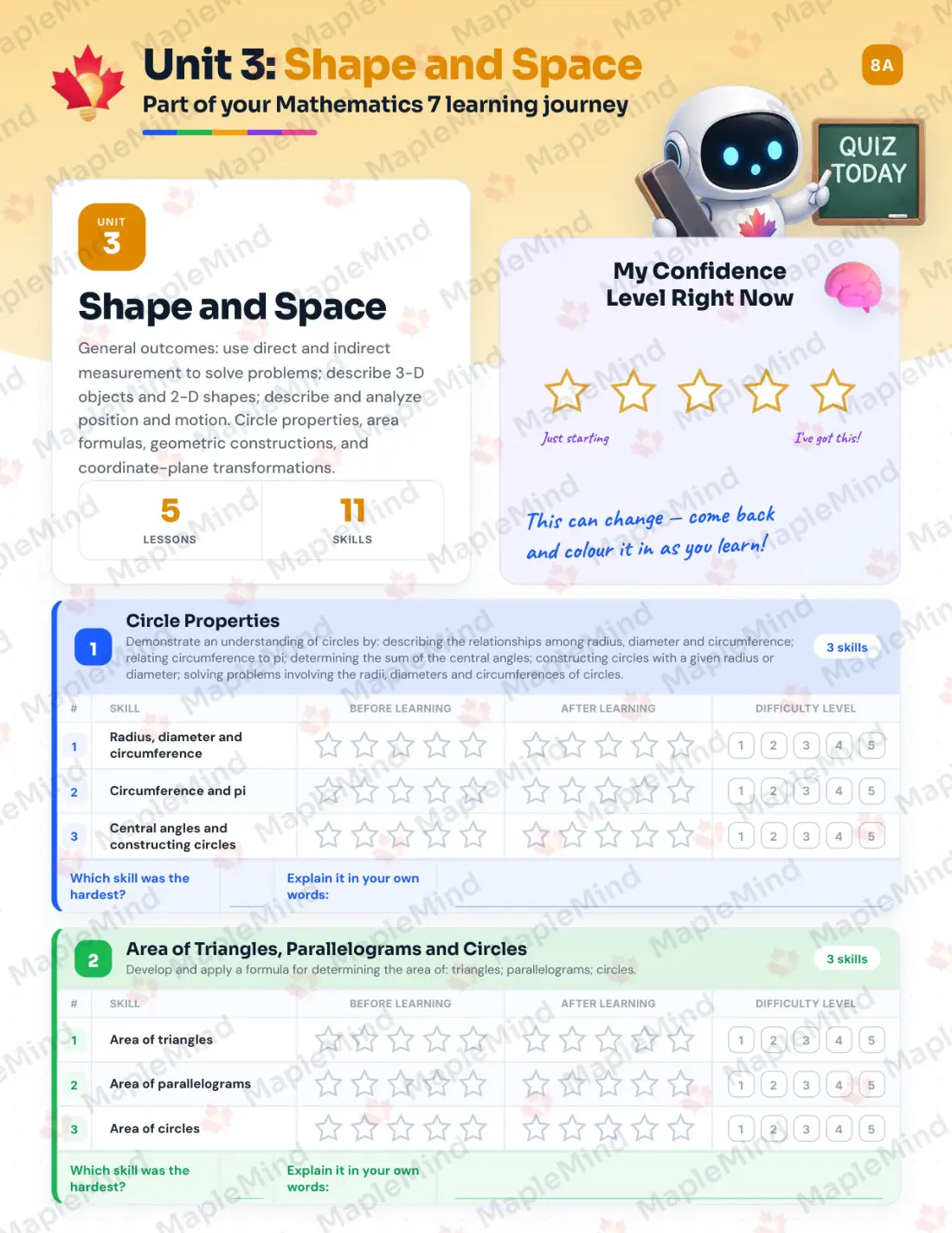 Page 17 of 34 from the Mathematics 7 Alberta Course Companion — skills tracker with before and after self-assessment
