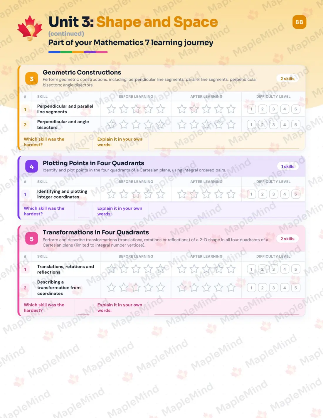 Page 18 of 34 from the Mathematics 7 Alberta Course Companion — skills tracker with before and after self-assessment