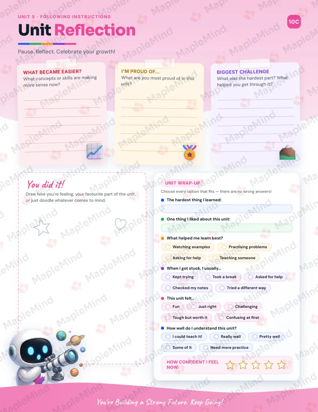 Page 20 of 33 from the Science 1 Alberta Course Companion — skills tracker with before and after self-assessment