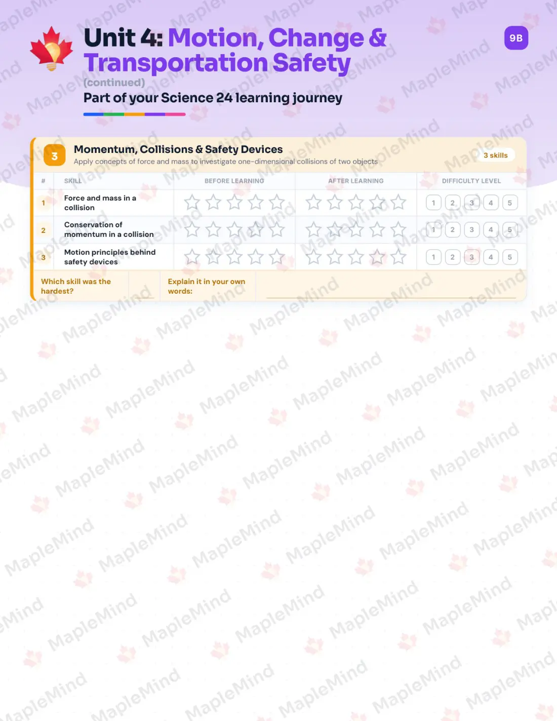 Page 18 of 30 from the Science 24 Alberta Course Companion — skills tracker with before and after self-assessment