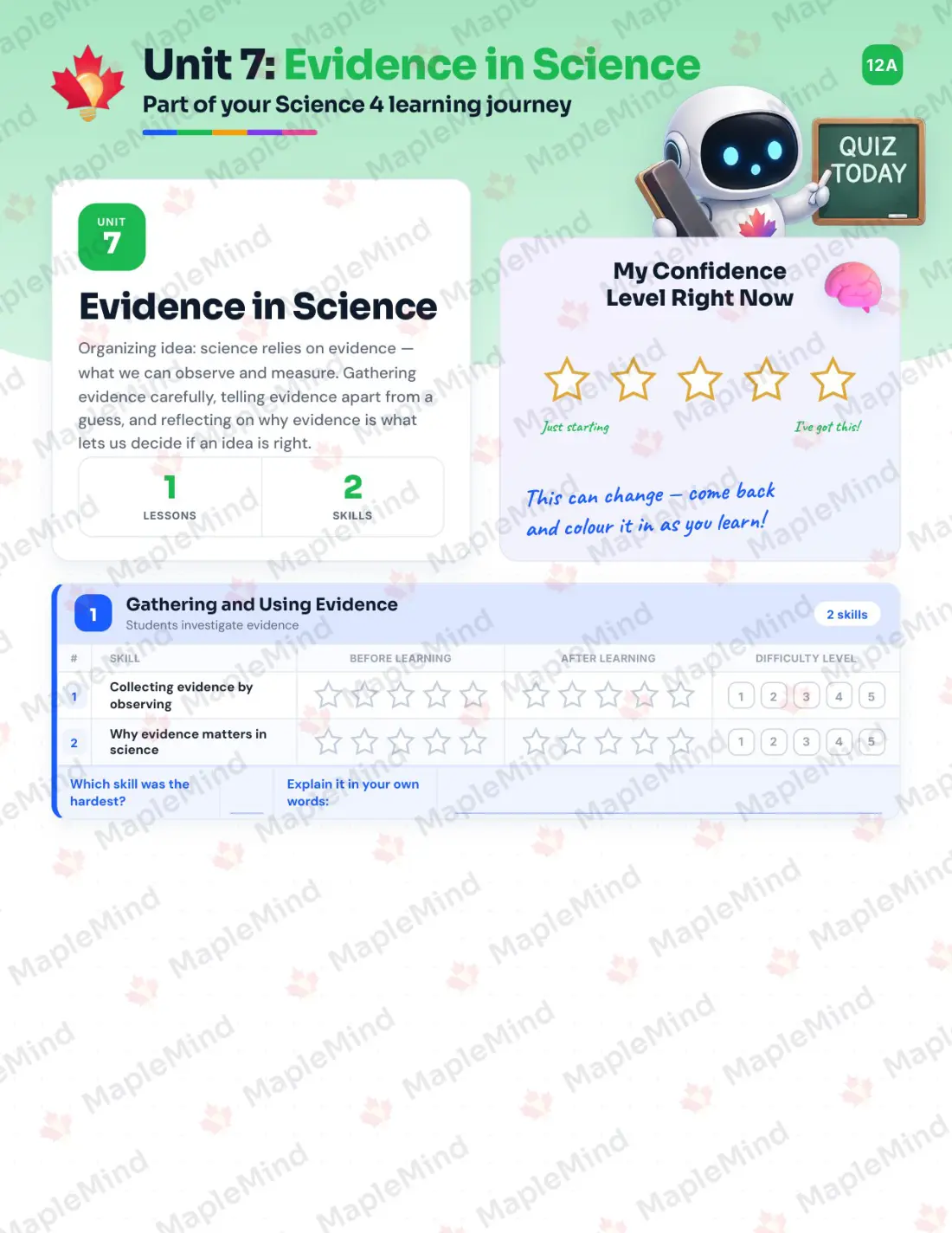 Page 25 of 37 from the Science 4 Alberta Course Companion — skills tracker with before and after self-assessment