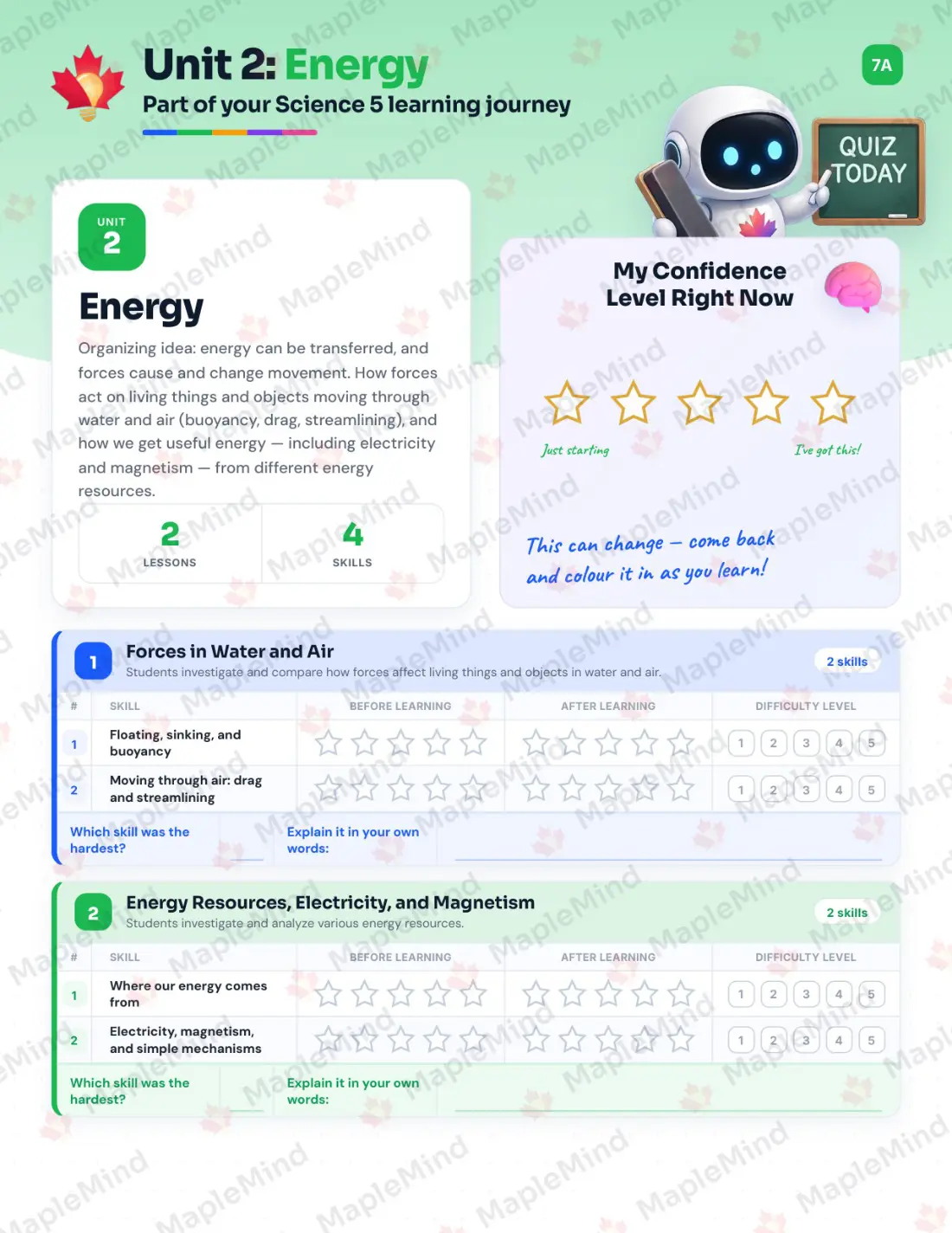 Page 10 of 37 from the Science 5 Alberta Course Companion — skills tracker with before and after self-assessment