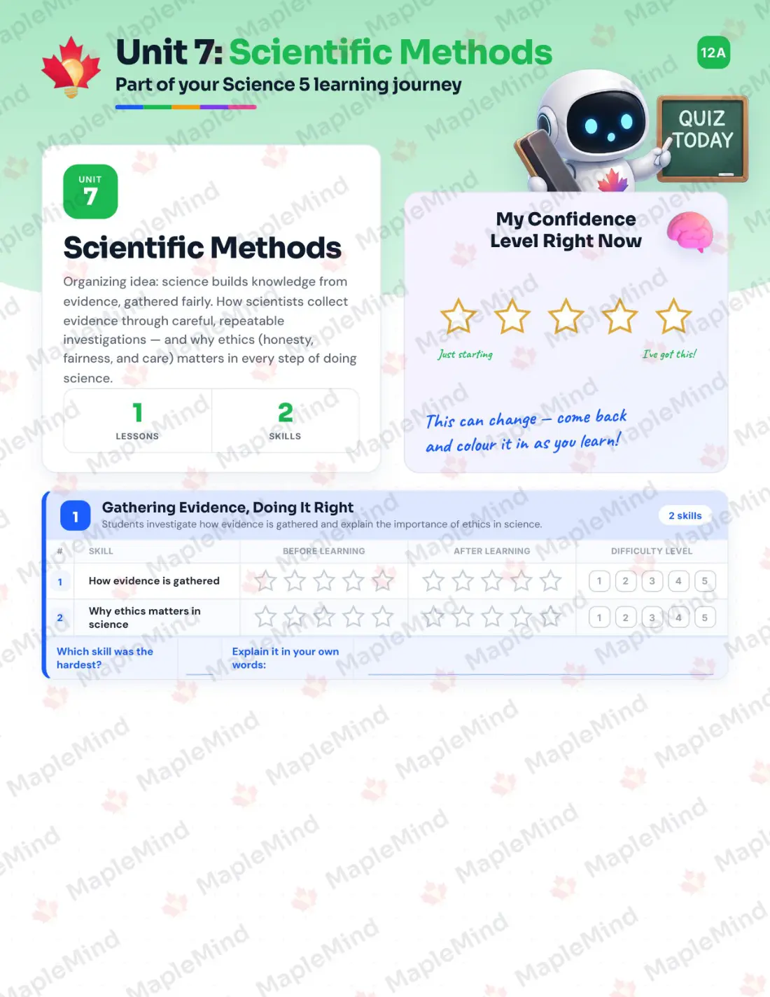 Page 25 of 37 from the Science 5 Alberta Course Companion — skills tracker with before and after self-assessment