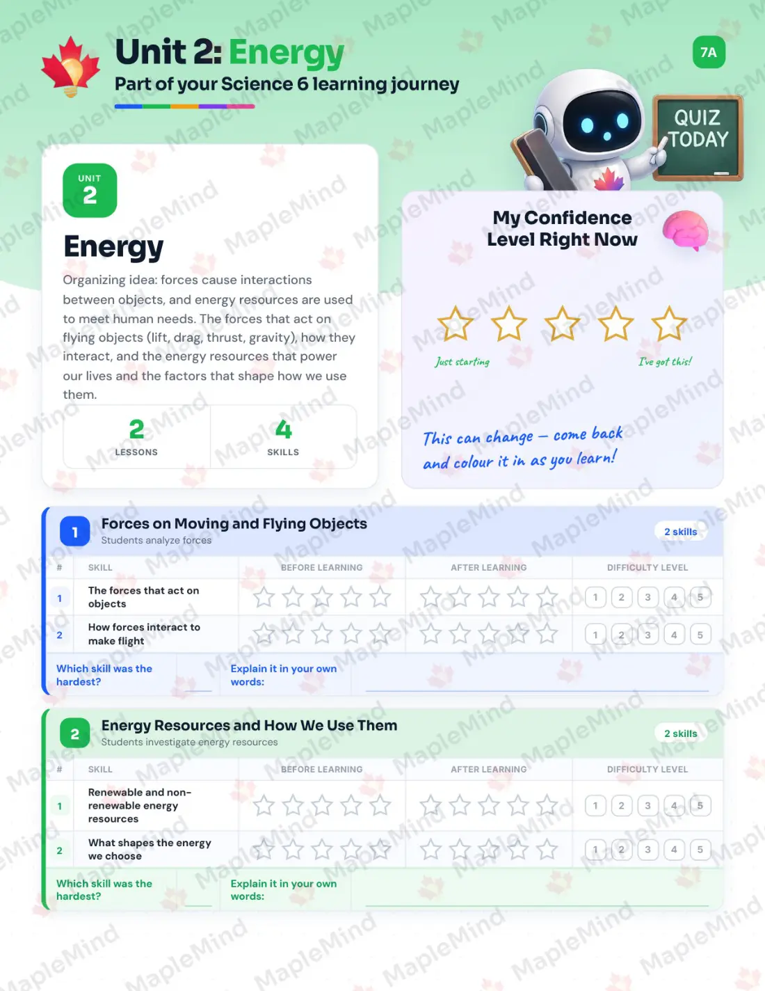Page 10 of 37 from the Science 6 Alberta Course Companion — skills tracker with before and after self-assessment