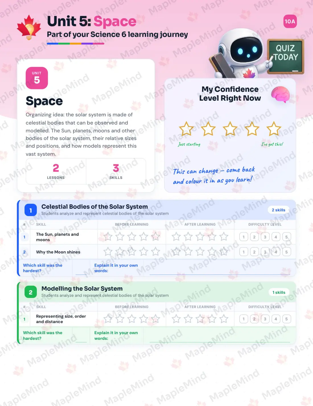 Page 19 of 37 from the Science 6 Alberta Course Companion — skills tracker with before and after self-assessment