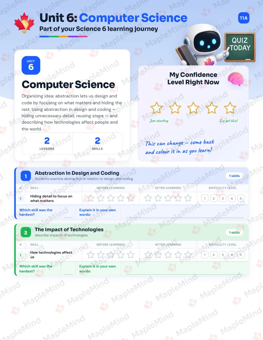 Page 22 of 37 from the Science 6 Alberta Course Companion — skills tracker with before and after self-assessment
