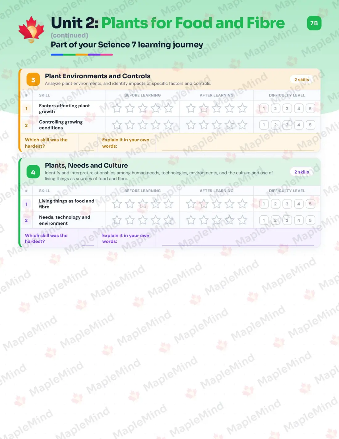 Page 12 of 36 from the Science 7 Alberta Course Companion — skills tracker with before and after self-assessment