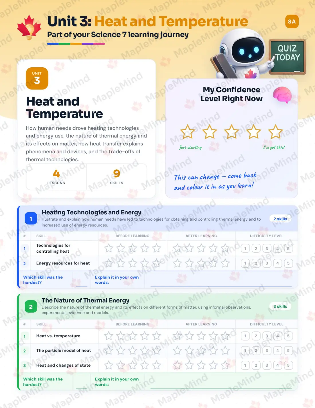 Page 15 of 36 from the Science 7 Alberta Course Companion — skills tracker with before and after self-assessment