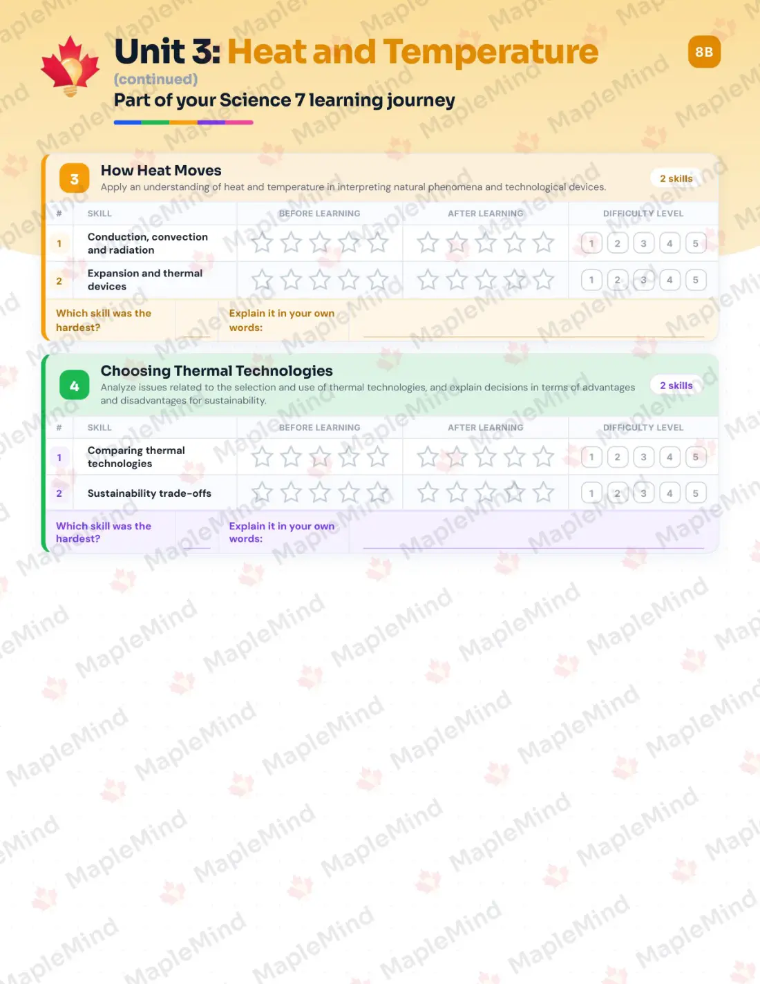 Page 16 of 36 from the Science 7 Alberta Course Companion — skills tracker with before and after self-assessment