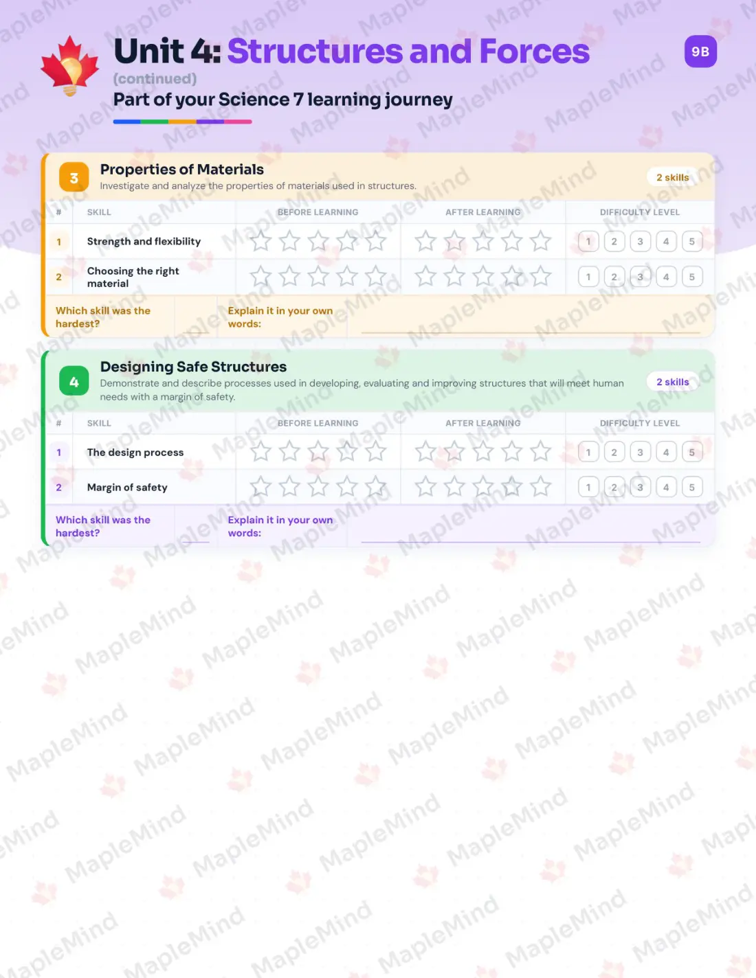 Page 20 of 36 from the Science 7 Alberta Course Companion — skills tracker with before and after self-assessment