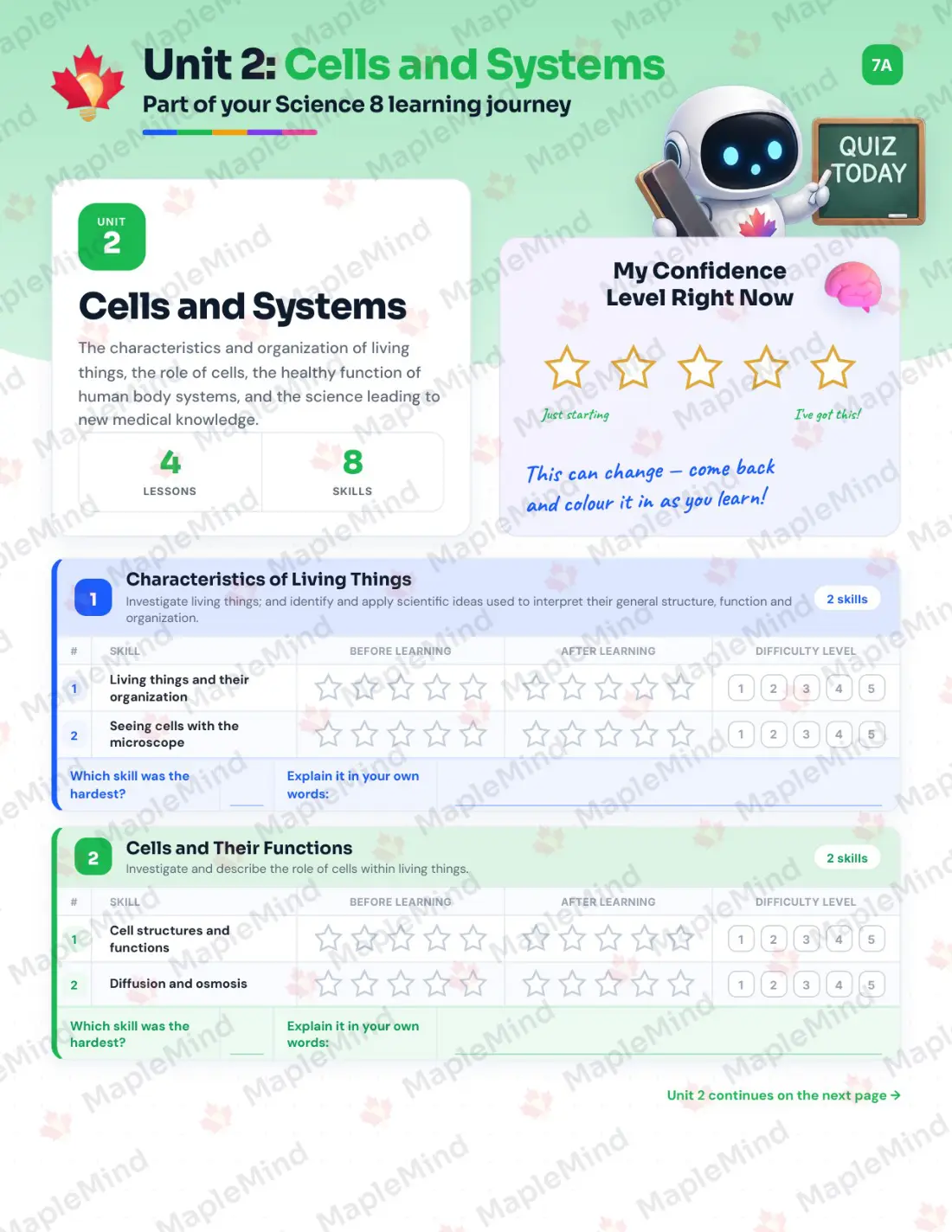 Page 11 of 36 from the Science 8 Alberta Course Companion — skills tracker with before and after self-assessment