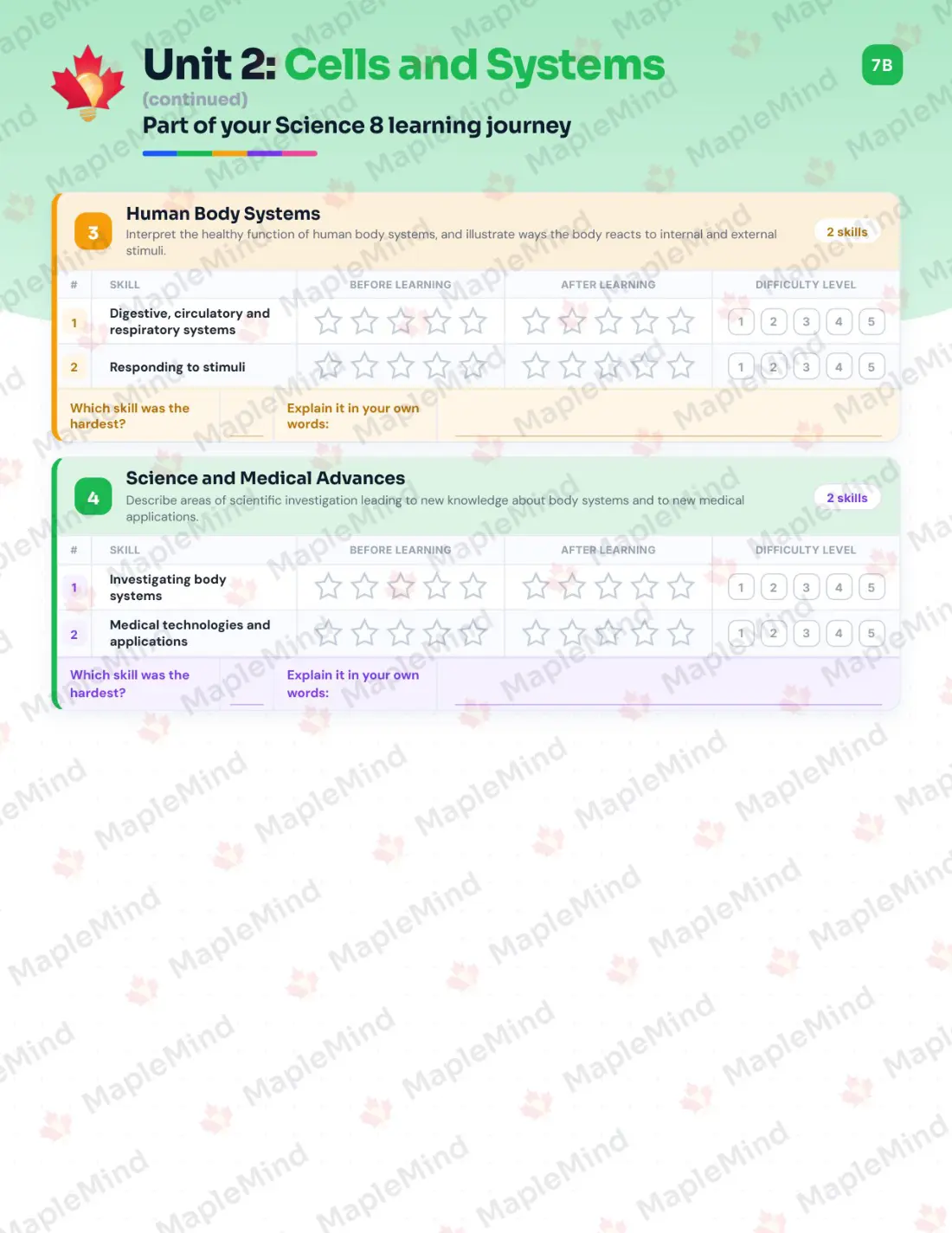 Page 12 of 36 from the Science 8 Alberta Course Companion — skills tracker with before and after self-assessment