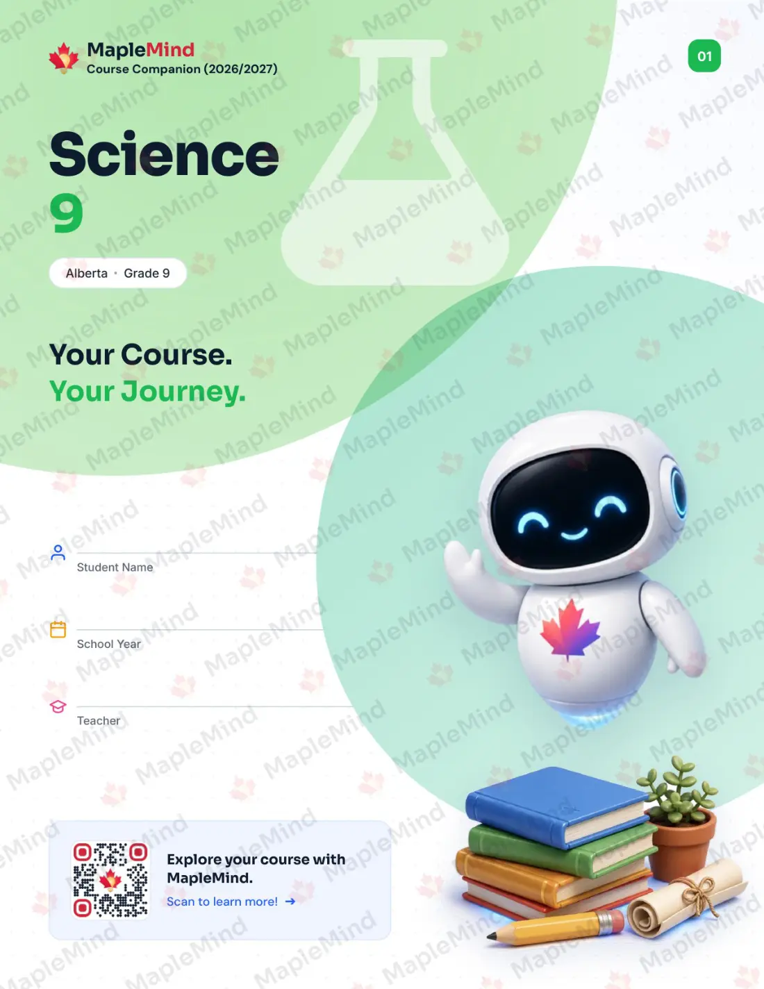 Page 1 of 36 from the Science 9 Alberta Course Companion — workbook cover