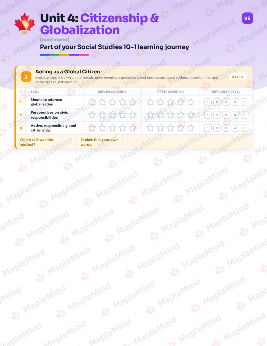 Page 18 of 30 from the Social Studies 10-1 Alberta Course Companion — skills tracker with before and after self-assessment