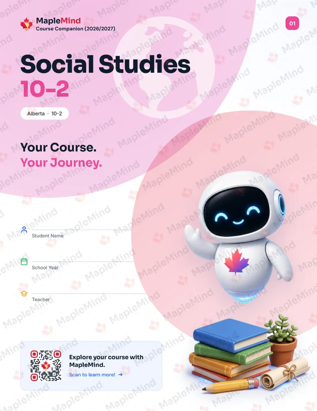Page 1 of 30 from the Social Studies 10-2 Alberta Course Companion — workbook cover