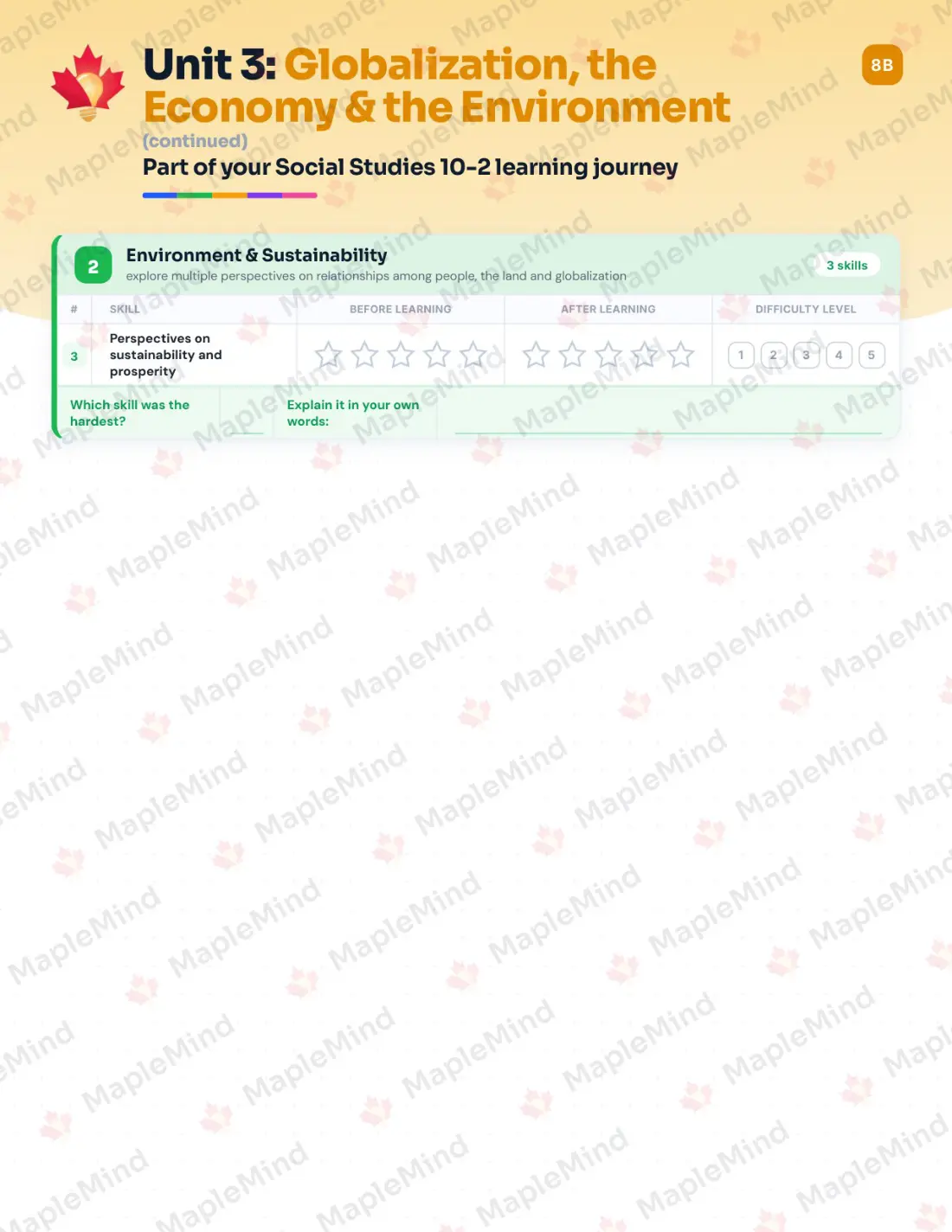 Page 14 of 30 from the Social Studies 10-2 Alberta Course Companion — skills tracker with before and after self-assessment