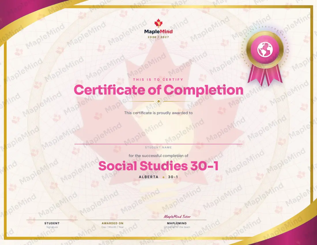 Page 30 of 30 from the Social Studies 30-1 Alberta Course Companion — year in review and certificate of completion
