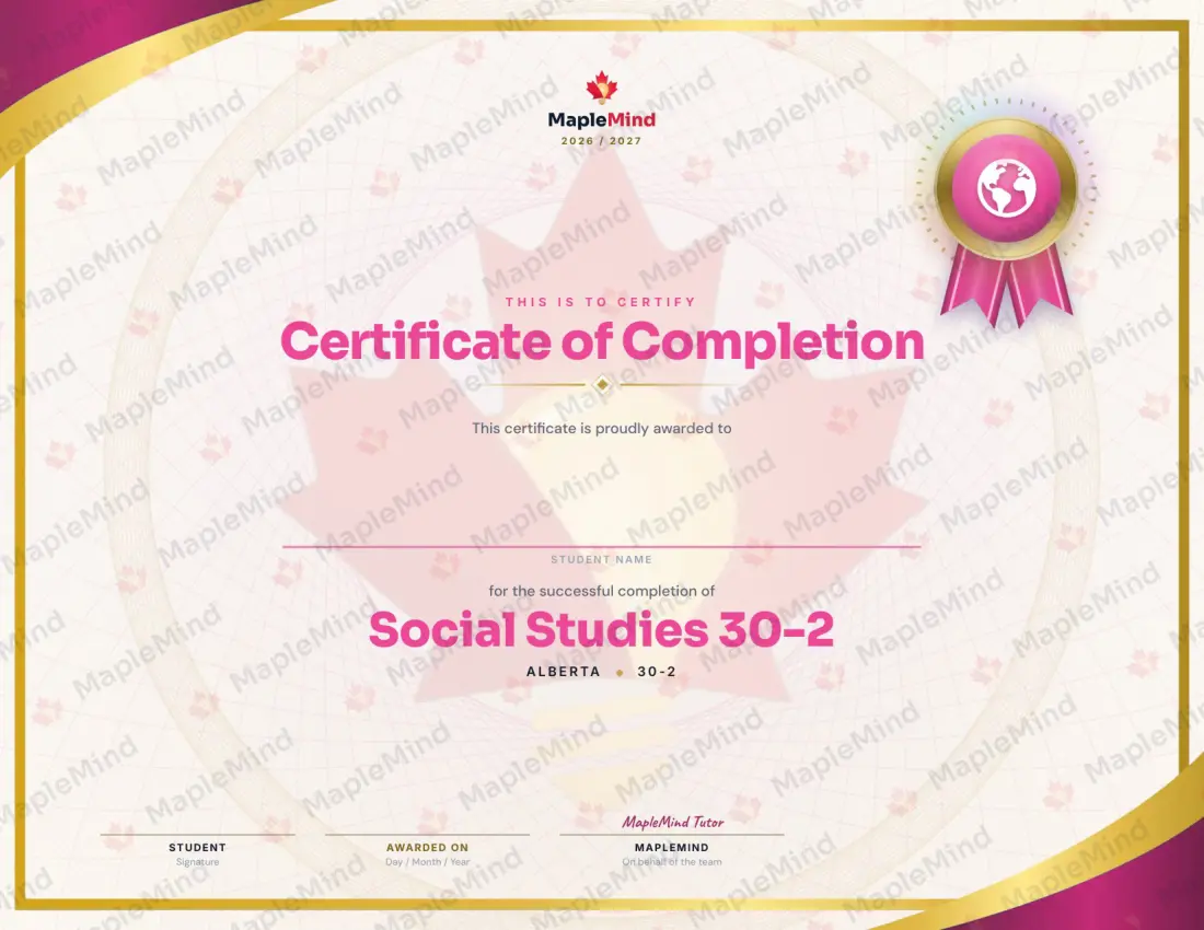 Page 29 of 29 from the Social Studies 30-2 Alberta Course Companion — year in review and certificate of completion