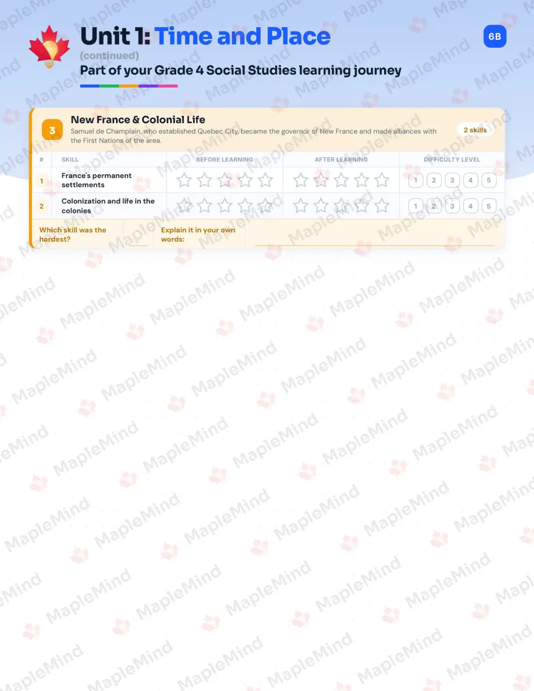 Page 7 of 24 from the Grade 4 Social Studies Alberta Course Companion — skills tracker with before and after self-assessment