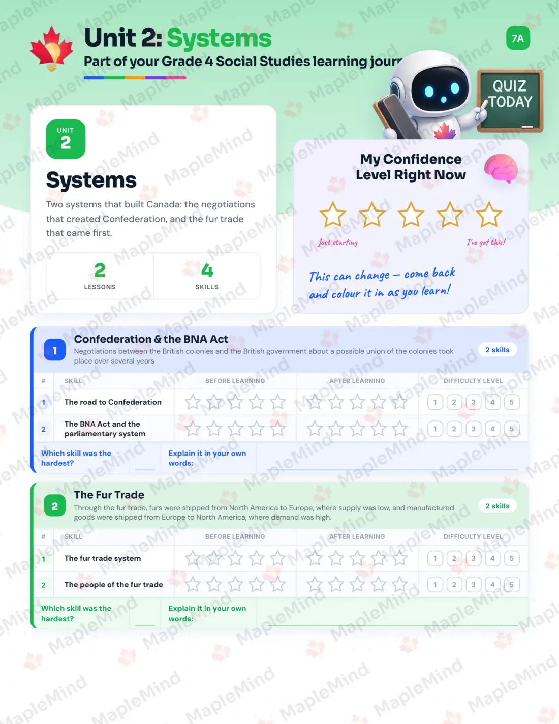 Page 10 of 24 from the Grade 4 Social Studies Alberta Course Companion — skills tracker with before and after self-assessment
