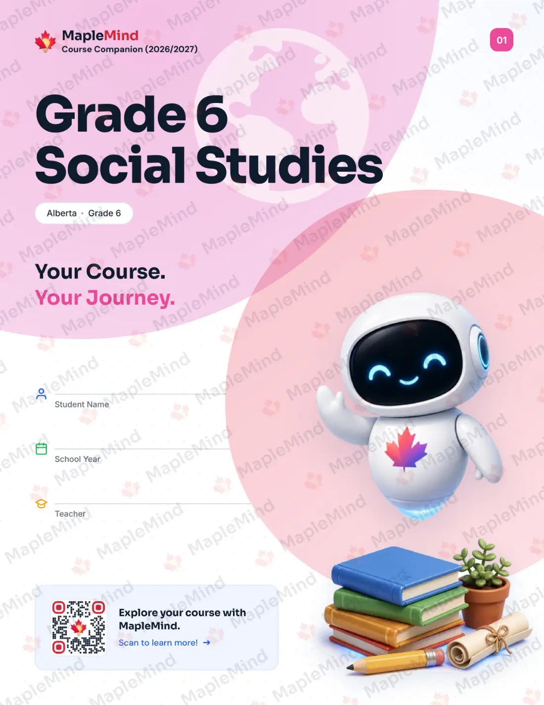 Page 1 of 23 from the Grade 6 Social Studies Alberta Course Companion — workbook cover