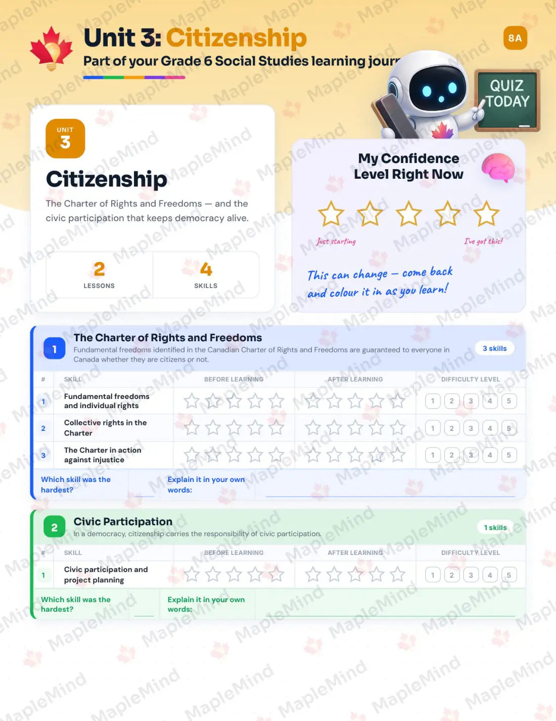 Page 12 of 23 from the Grade 6 Social Studies Alberta Course Companion — skills tracker with before and after self-assessment