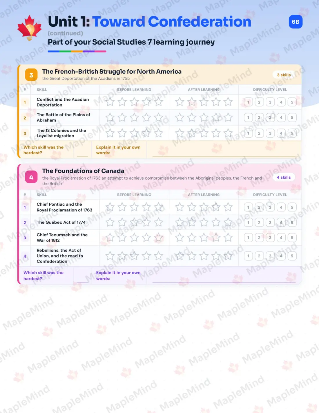 Page 7 of 22 from the Social Studies 7 Alberta Course Companion — skills tracker with before and after self-assessment