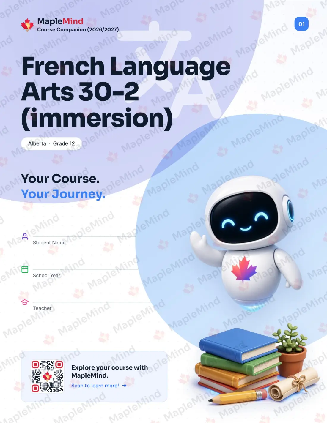 Page 1 of 30 from the French Language Arts 30-2 (immersion) Alberta Course Companion — workbook cover