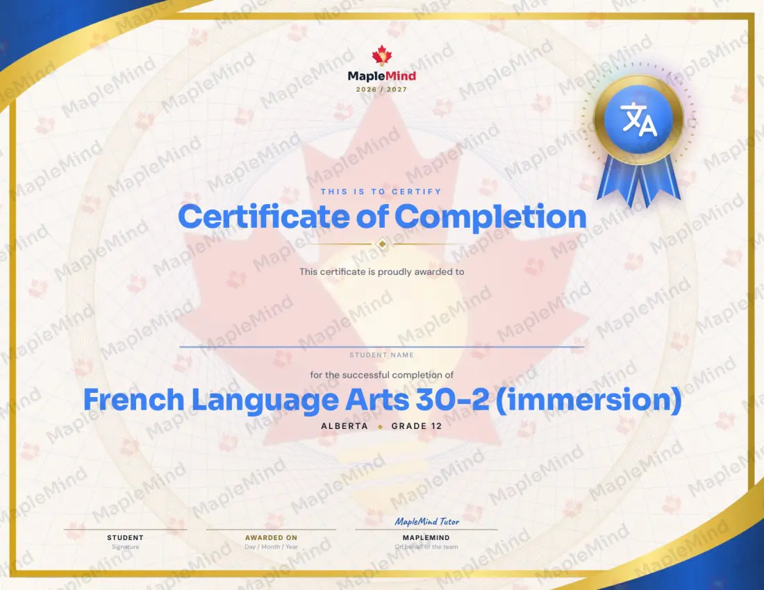 Page 30 of 30 from the French Language Arts 30-2 (immersion) Alberta Course Companion — year in review and certificate of completion