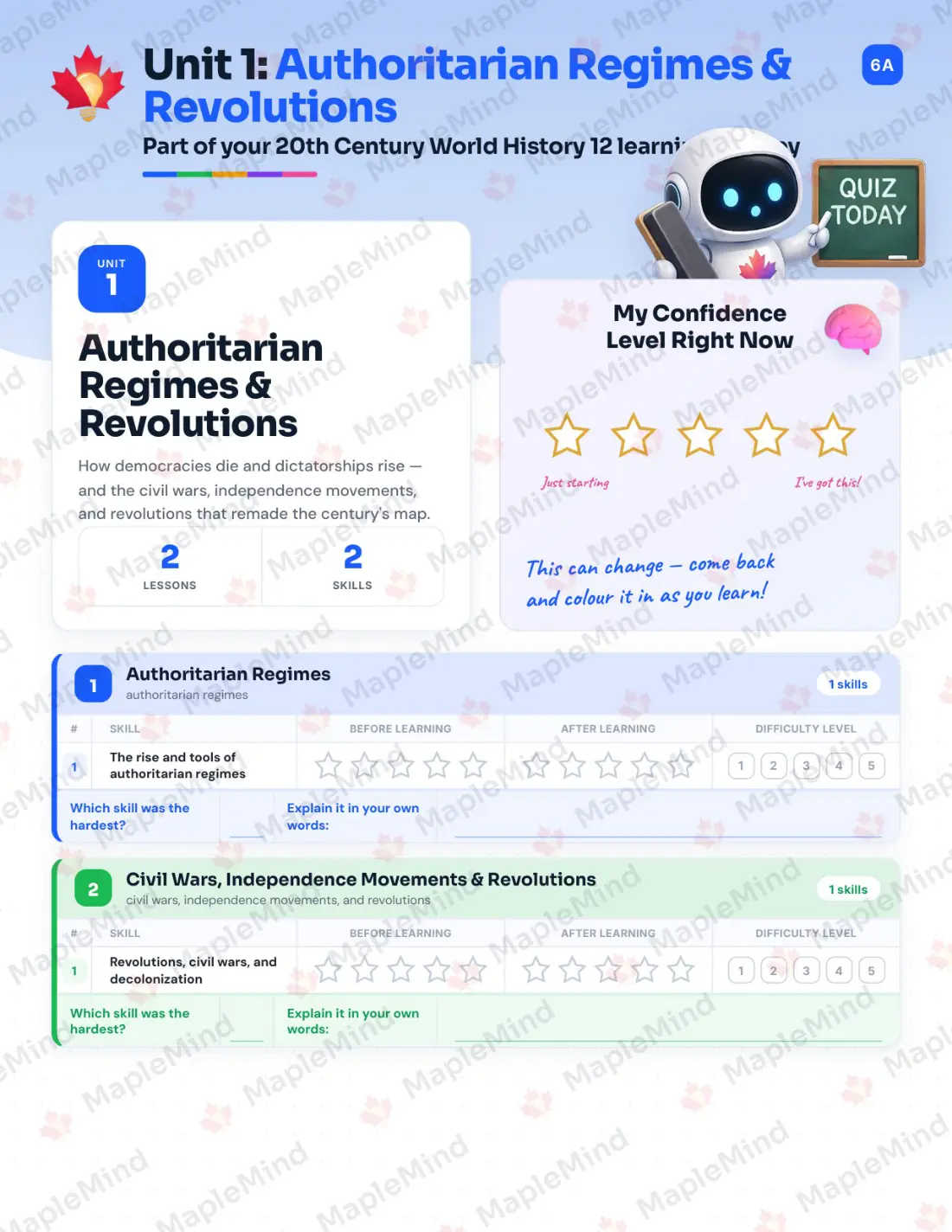 Page 6 of 24 from the 20th Century World History 12 British Columbia Course Companion — skills tracker with before and after self-assessment