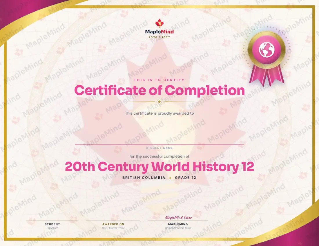Page 24 of 24 from the 20th Century World History 12 British Columbia Course Companion — year in review and certificate of completion