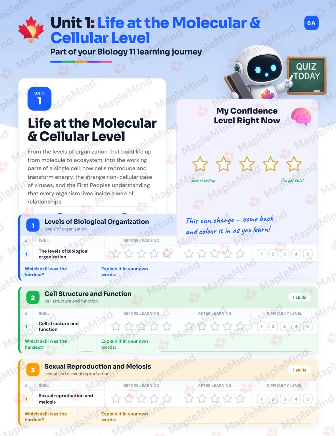 Page 7 of 34 from the Biology 11 British Columbia Course Companion — skills tracker with before and after self-assessment