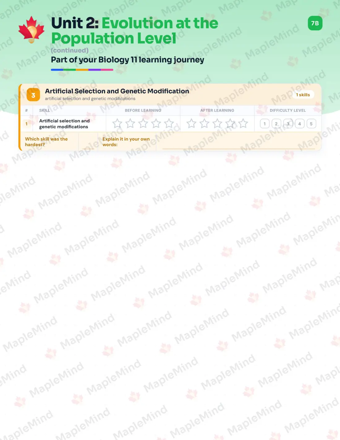 Page 13 of 34 from the Biology 11 British Columbia Course Companion — skills tracker with before and after self-assessment