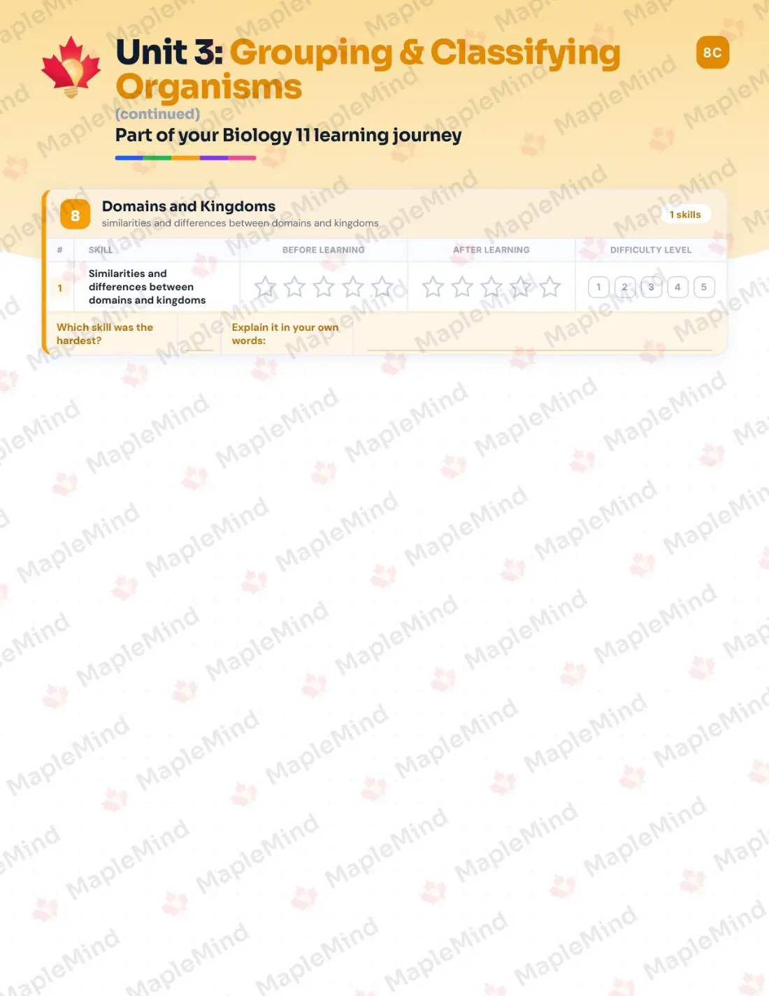 Page 18 of 34 from the Biology 11 British Columbia Course Companion — skills tracker with before and after self-assessment
