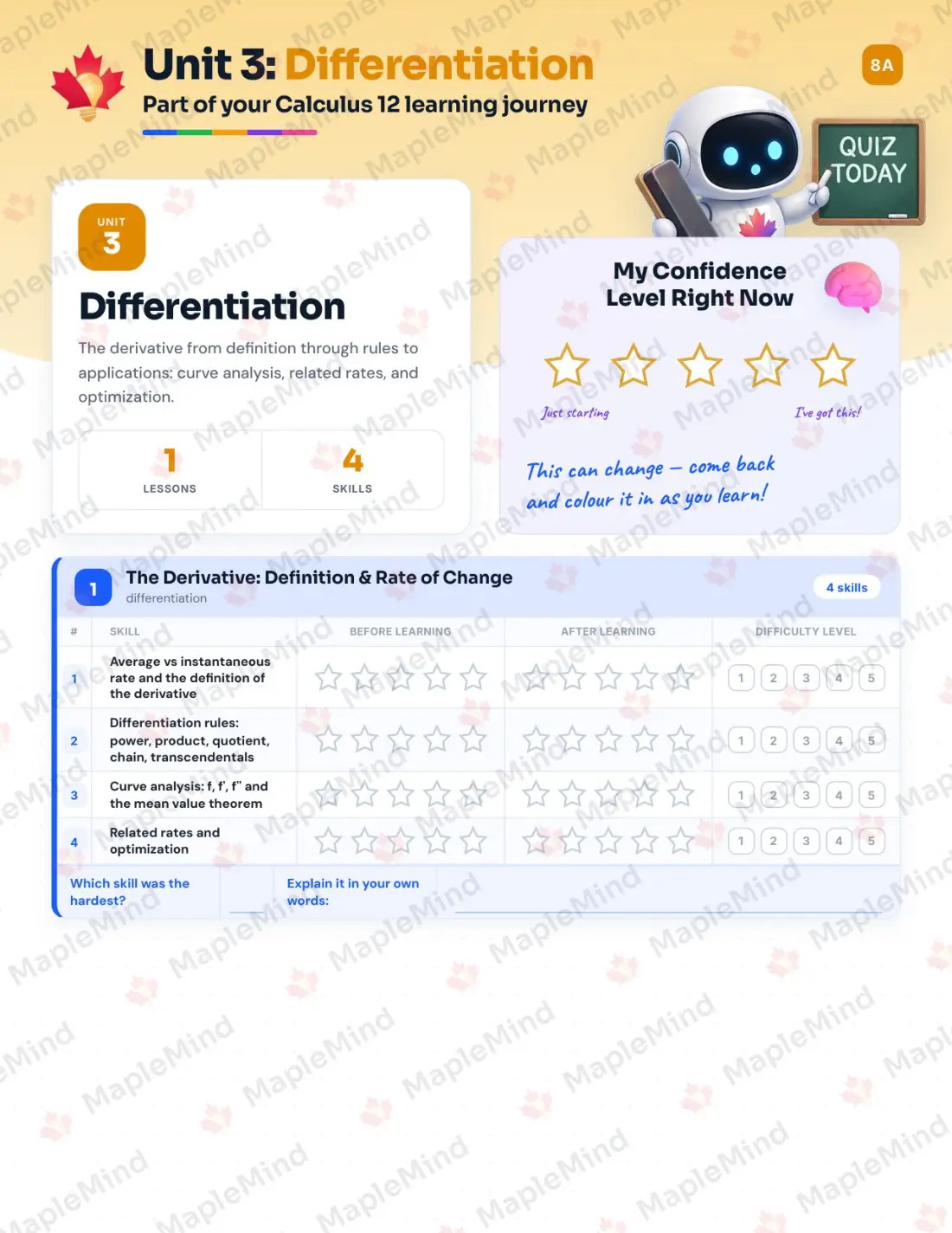 Page 12 of 27 from the Calculus 12 British Columbia Course Companion — skills tracker with before and after self-assessment