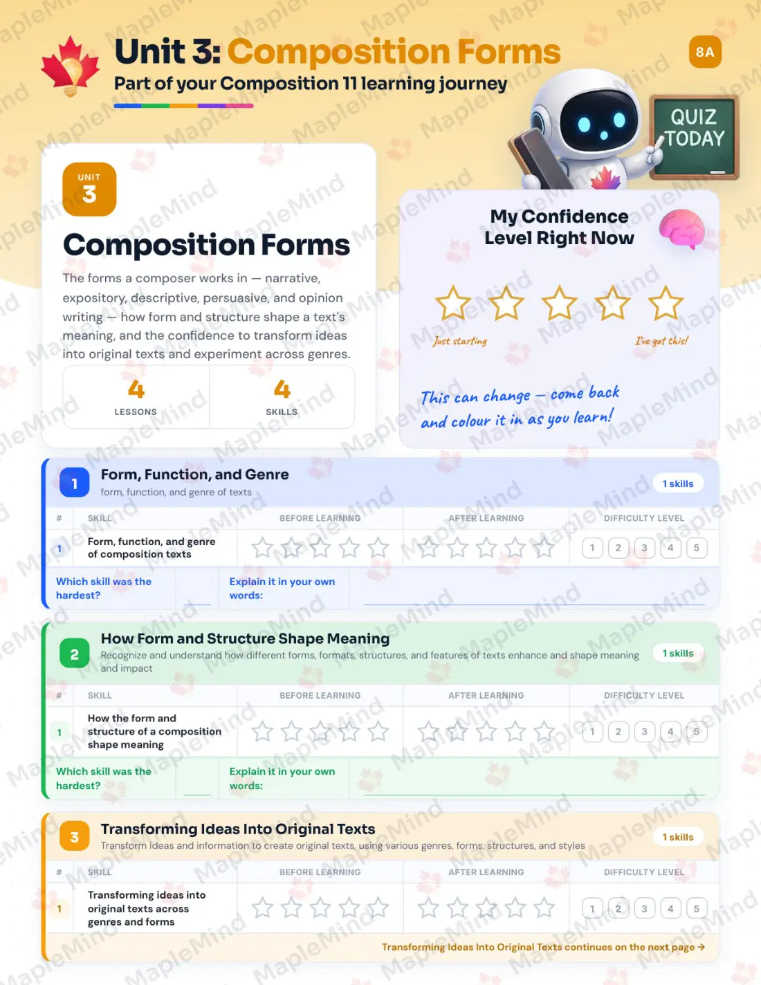 Page 16 of 37 from the Composition 11 British Columbia Course Companion — skills tracker with before and after self-assessment