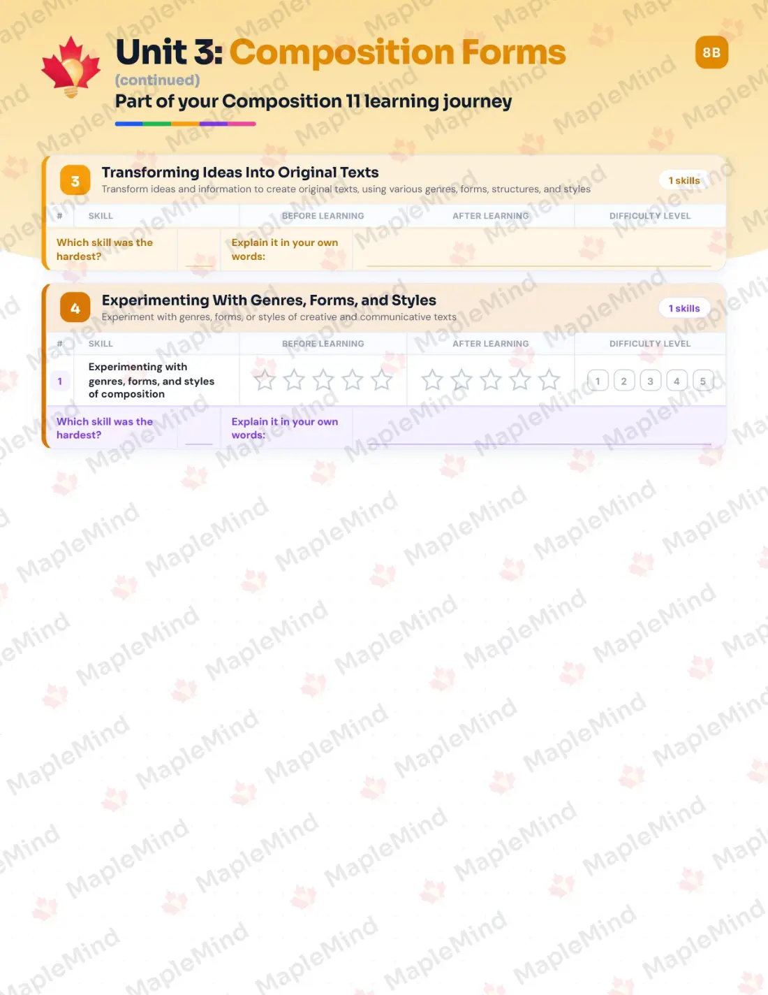 Page 17 of 37 from the Composition 11 British Columbia Course Companion — skills tracker with before and after self-assessment