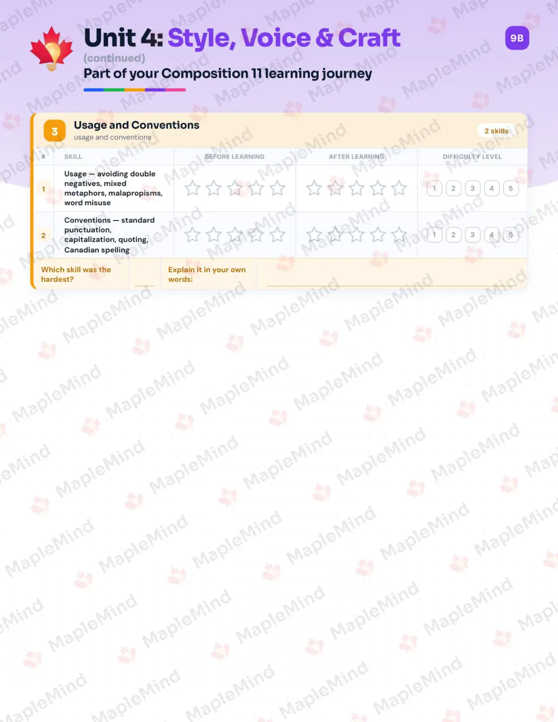 Page 21 of 37 from the Composition 11 British Columbia Course Companion — skills tracker with before and after self-assessment