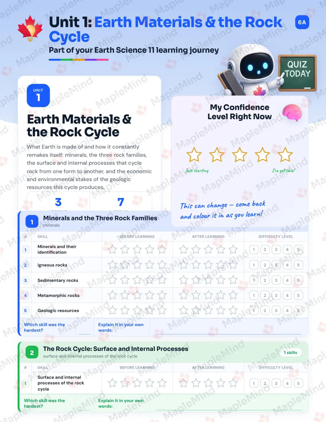 Page 7 of 39 from the Earth Science 11 British Columbia Course Companion — skills tracker with before and after self-assessment