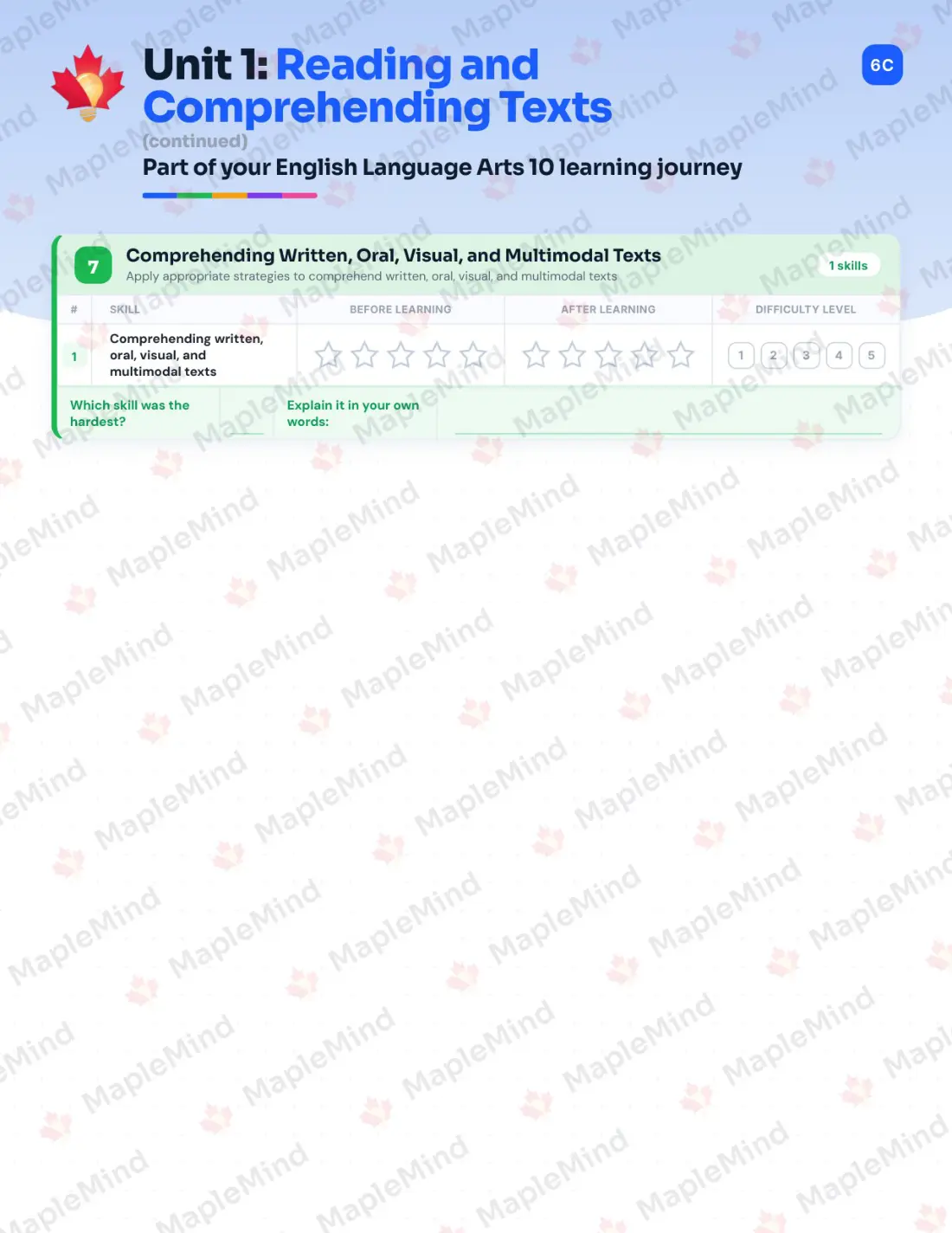 Page 9 of 34 from the English Language Arts 10 British Columbia Course Companion — skills tracker with before and after self-assessment