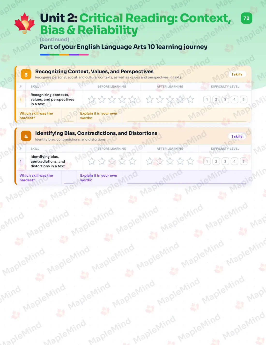 Page 13 of 34 from the English Language Arts 10 British Columbia Course Companion — skills tracker with before and after self-assessment
