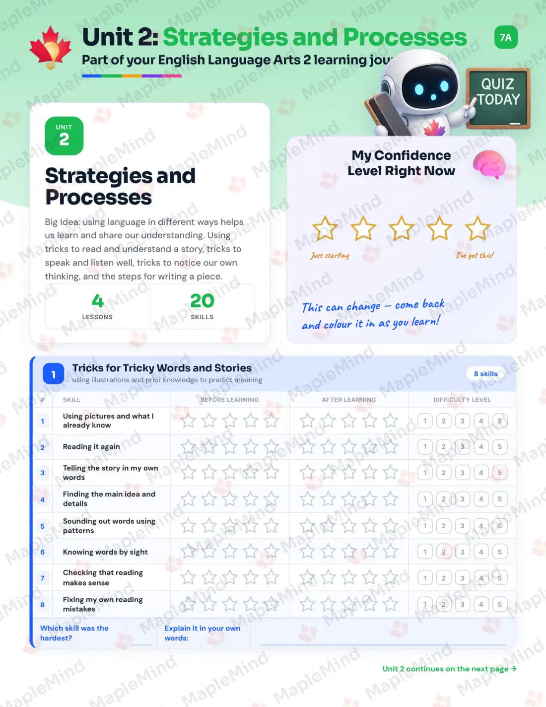 Page 10 of 26 from the English Language Arts 2 British Columbia Course Companion — skills tracker with before and after self-assessment