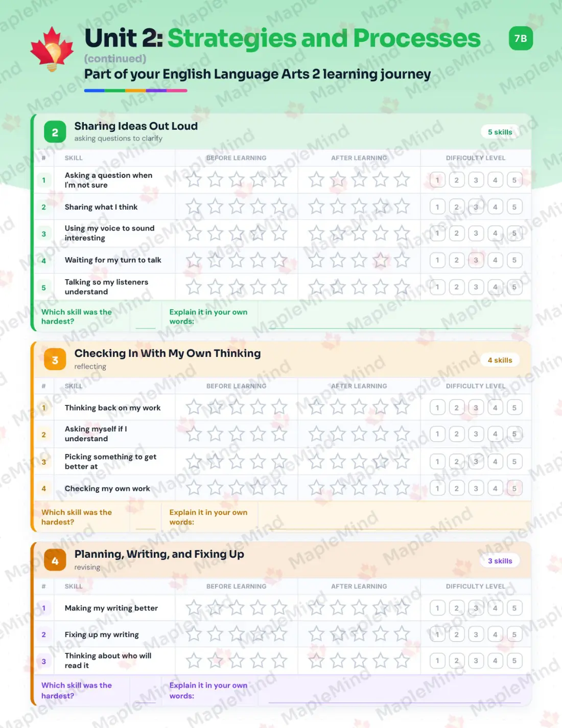 Page 11 of 26 from the English Language Arts 2 British Columbia Course Companion — skills tracker with before and after self-assessment