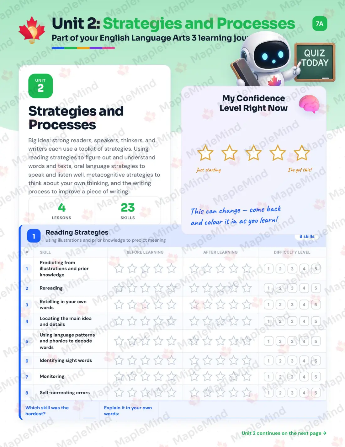 Page 10 of 27 from the English Language Arts 3 British Columbia Course Companion — skills tracker with before and after self-assessment