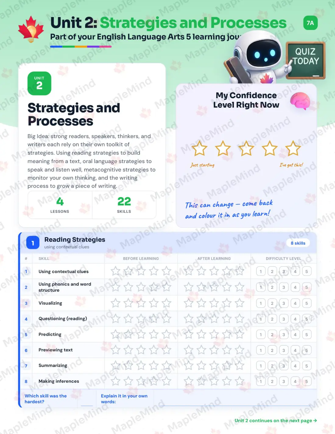 Page 10 of 27 from the English Language Arts 5 British Columbia Course Companion — skills tracker with before and after self-assessment