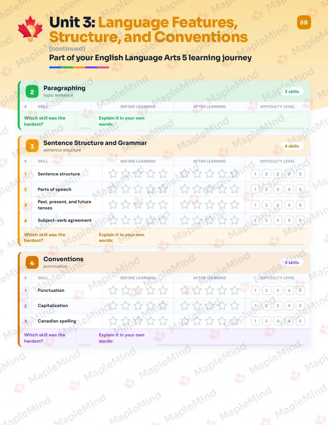 Page 16 of 27 from the English Language Arts 5 British Columbia Course Companion — skills tracker with before and after self-assessment