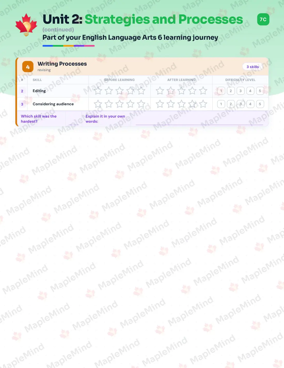 Page 12 of 28 from the English Language Arts 6 British Columbia Course Companion — skills tracker with before and after self-assessment