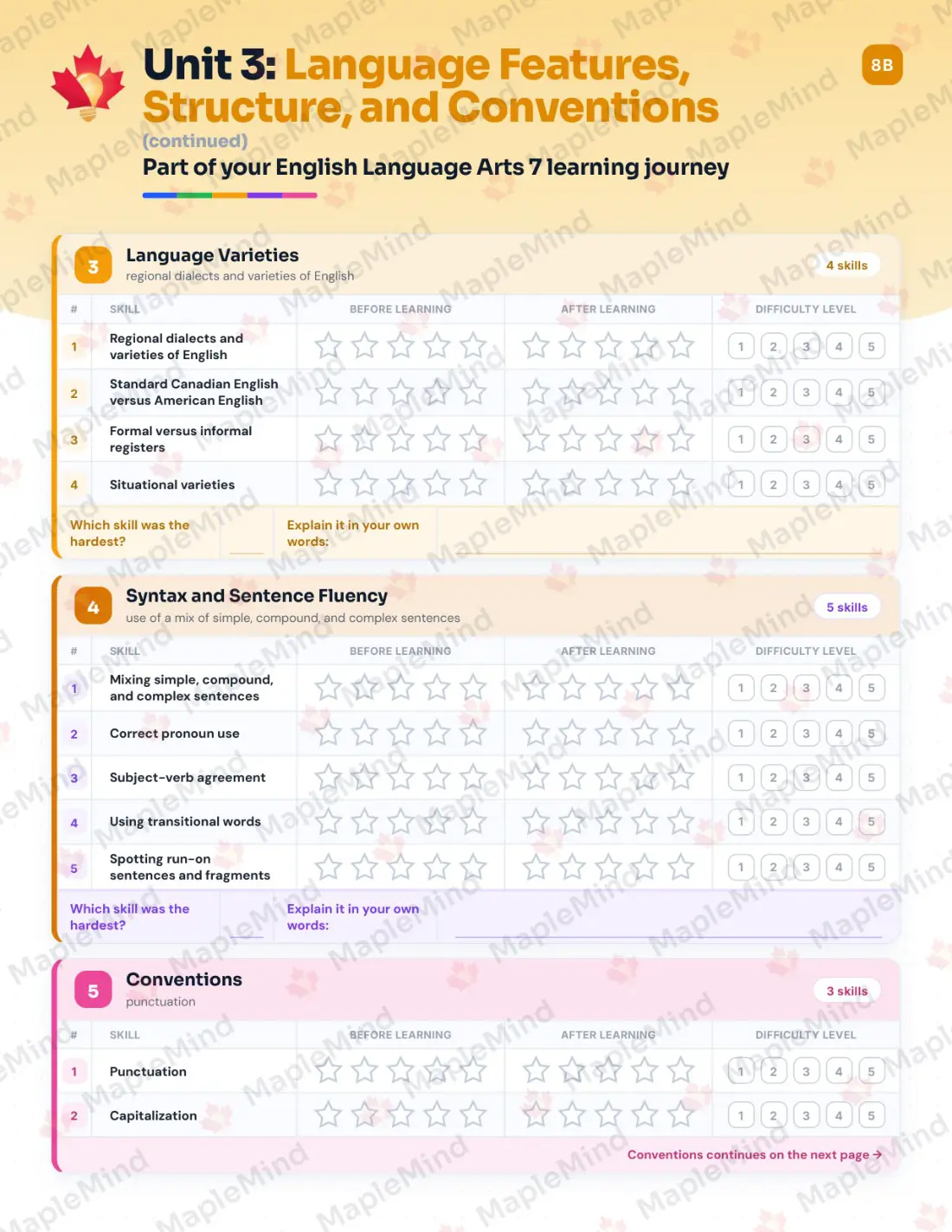 Page 16 of 28 from the English Language Arts 7 British Columbia Course Companion — skills tracker with before and after self-assessment